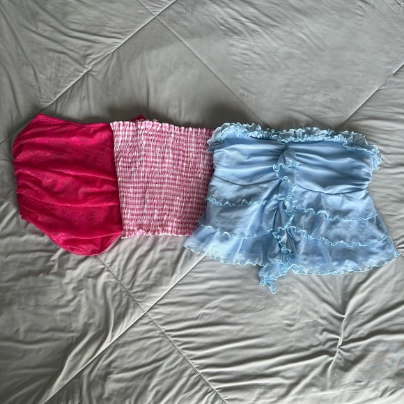 SHEIN Red, Pink, and Blue Bandeau Crop Tops Gingham Lace Ruffle Tops Bundle - Picture 1 of 12